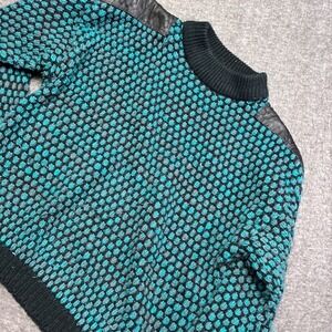 Vintage Street Scenes Sweater Mens Large Teal Black Leather‎ Patch Knit Acrylic